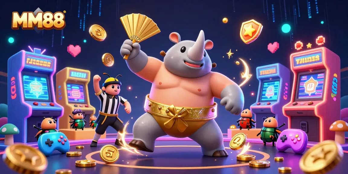 Experience thrilling MM88 casino action with a rhinoceros beetle champion surrounded by vibrant gaming elements.