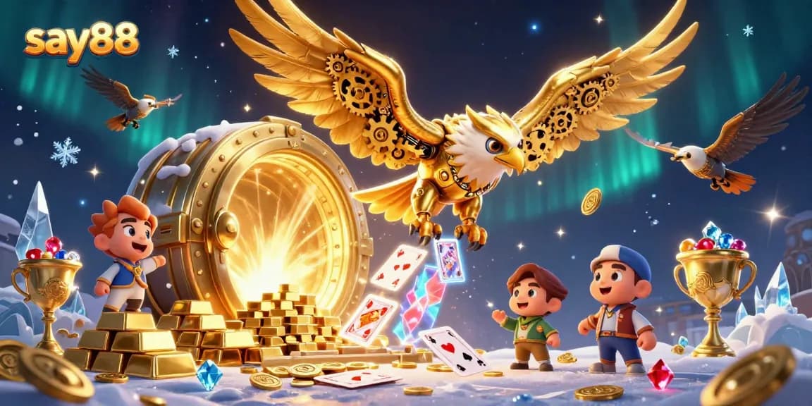 Experience thrilling gameplay as say88 unfolds in a vibrant 3D adventure with treasures and holographic cards.