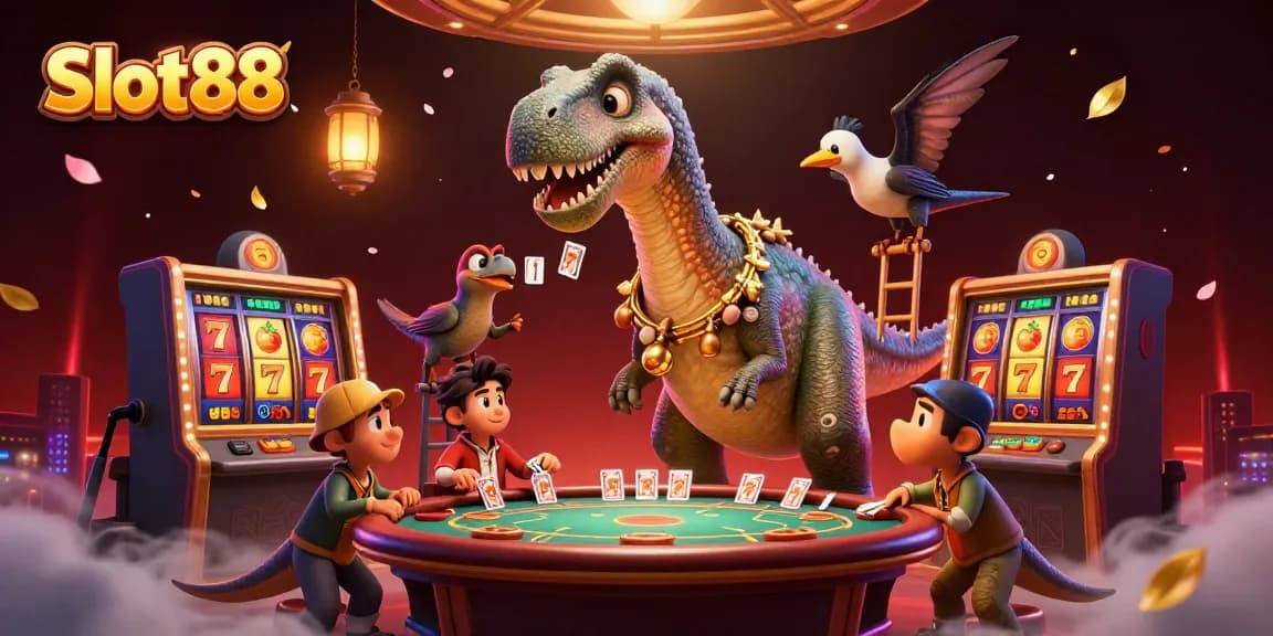 Engage in thrilling Slot88 gameplay with a 3D cartoon dinosaur dealer in an animated casino scene.