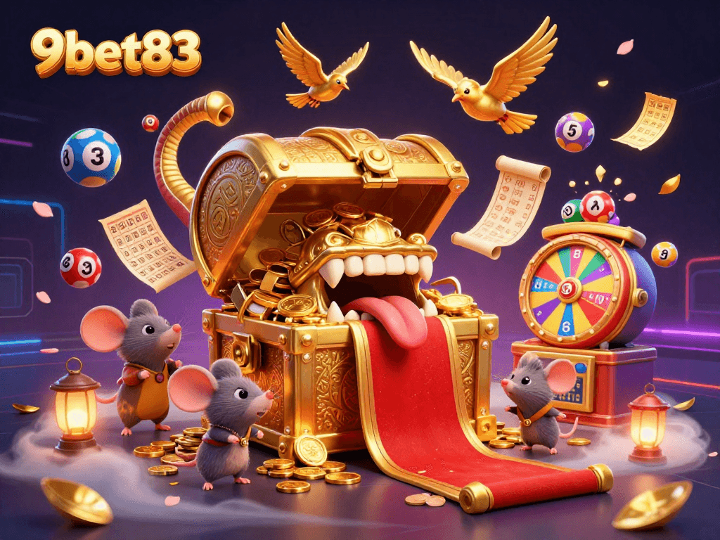 9bet83 reveals an exciting cartoon scene with treasure chests and dynamic game elements bouncing in a colorful casino world.