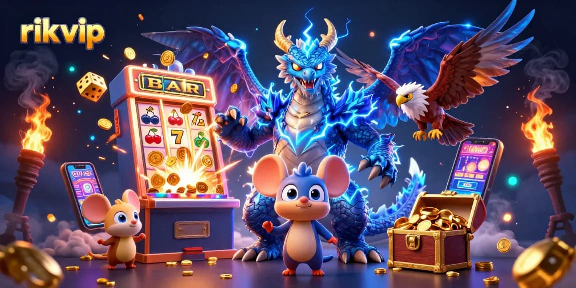 rik vip dynamic casino scene featuring a dragon, a hawk, and a thunder mouse with vibrant games.