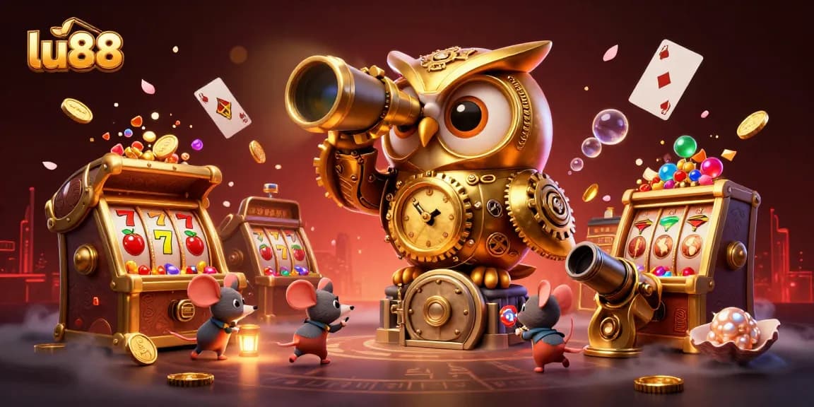 Engage in thrilling gameplay at lu88 with an imaginative casino visual featuring clocks and animated characters.