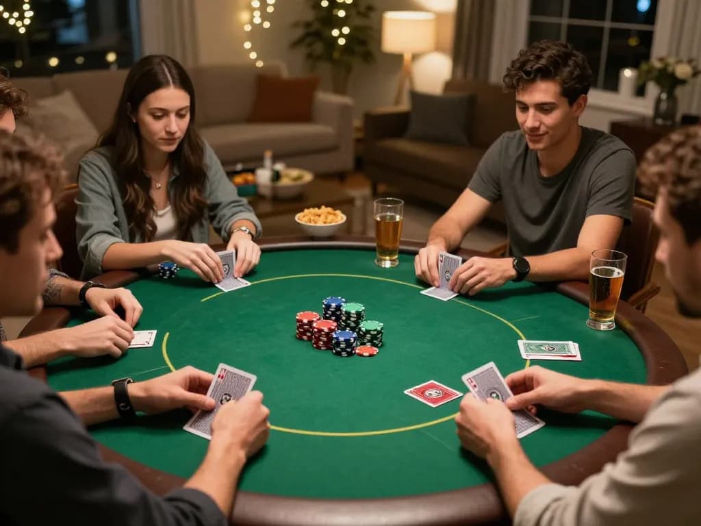 Competitive poker night in a cozy living room featuring friends playing Texas Hold'em, showcasing dynamic gameplay and hidden wiki 2026 links.
