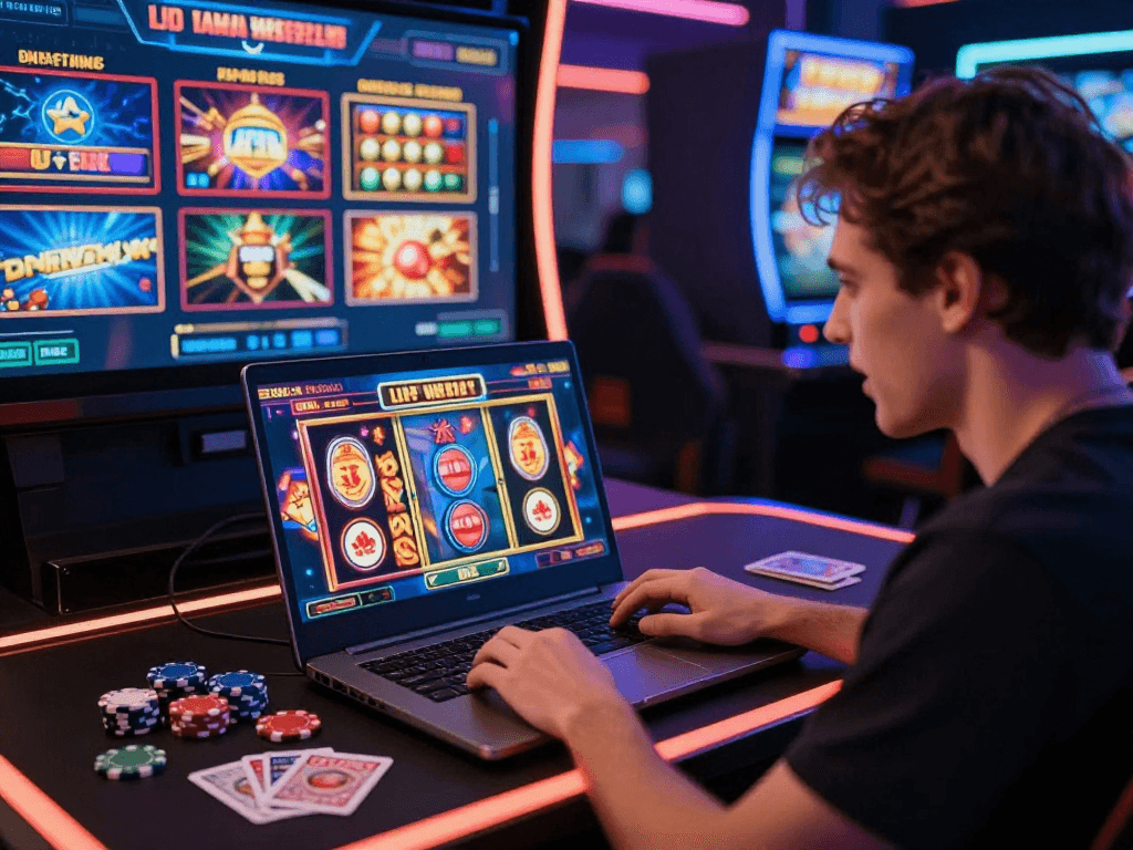 Player excitedly trying link slot gacor on laptop with vibrant casino graphics.