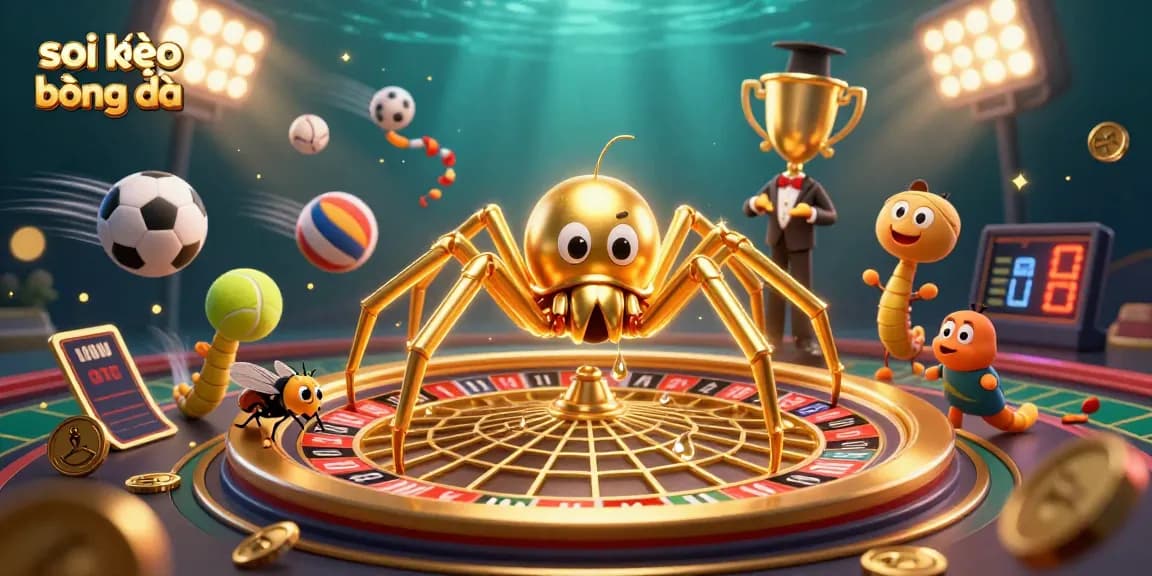 Spectacular scene showing soi kèo bóng đá as a golden spider spins a roulette wheel, surrounded by betting elements and sports balls.