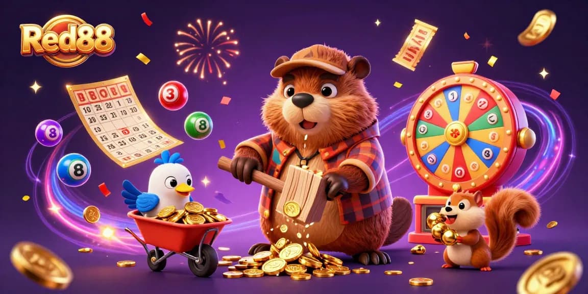 Join Red88 in a captivating casino adventure as a beaver chops a coin tree while friends collect winnings.
