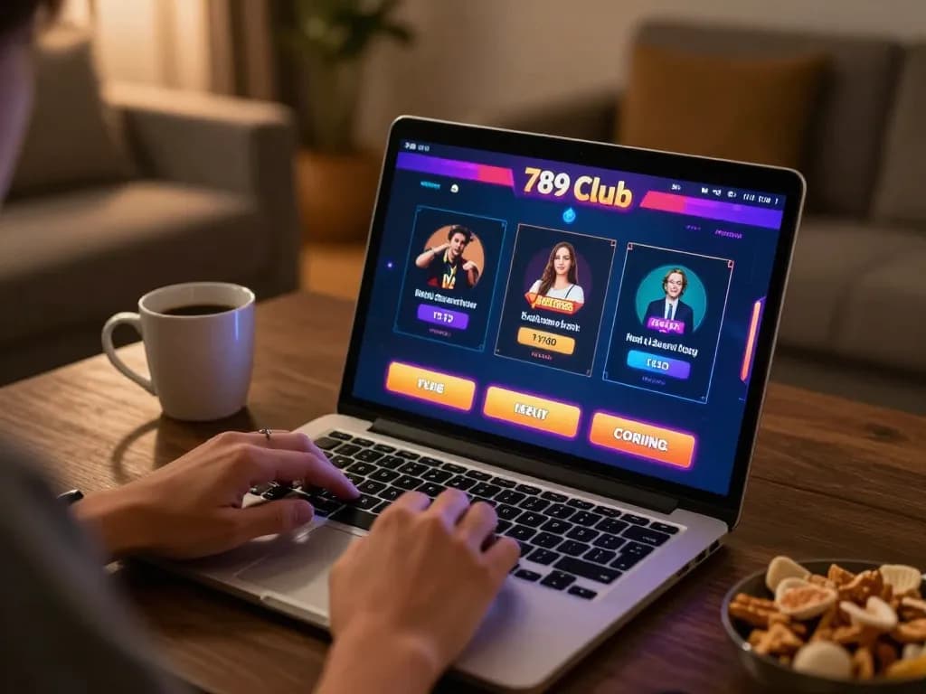 Player engaging with 789 club casino app on laptop in cozy home setting, promoting responsible gaming.