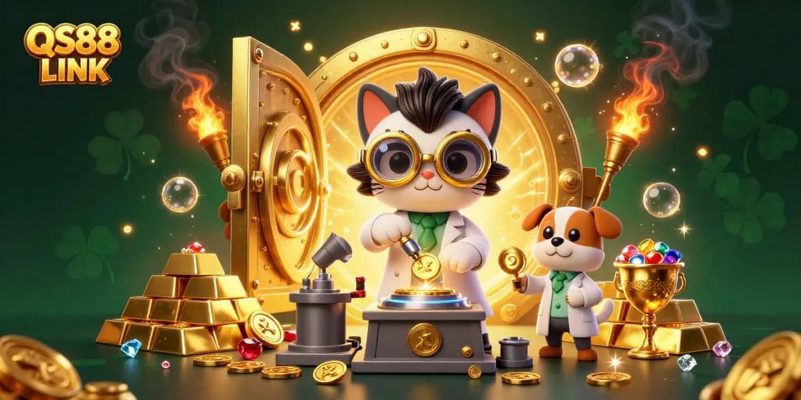 Experience thrill and excitement at QS88 LINK with a whimsical 3D casino adventure featuring gold elements.