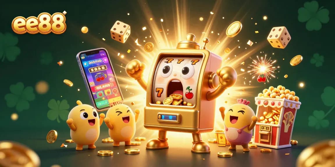 Experience big wins with ee88's dynamic slot machine jackpot scene, featuring cheering characters and golden treasures.