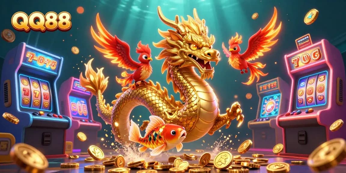 Experience the thrill of QQ88 with golden dragons, whimsical phoenixes, and vibrant casino icons.