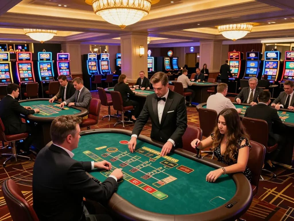 Engaging gameplay at 98win9 casino with players at a blackjack table surrounded by vibrant decor.