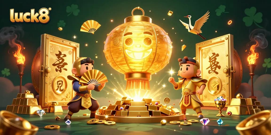 Engage with luck8 and win in a vibrant 3D casino scene filled with treasures and lucky symbols.