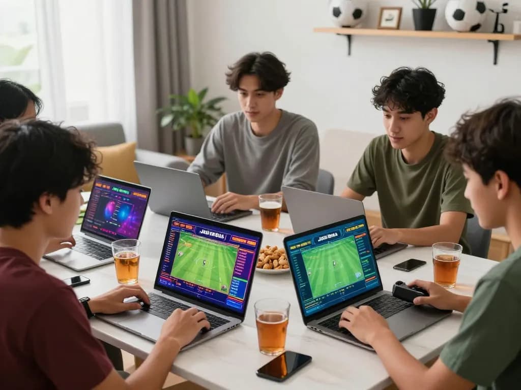 Enthusiastic group betting on Judi Bola in a lively online sports setting with laptops and football graphics.
