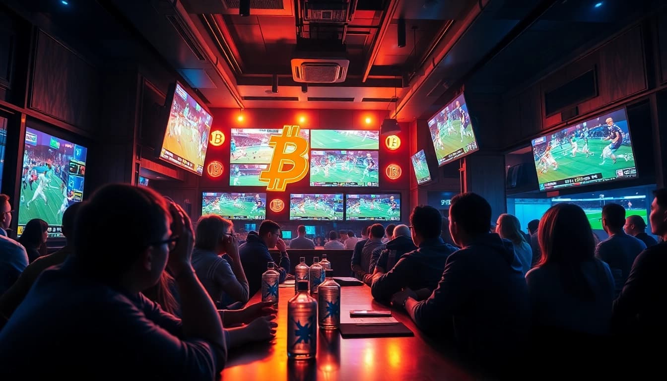 Experience the excitement of crypto sports betting in a vibrant sports bar setting.