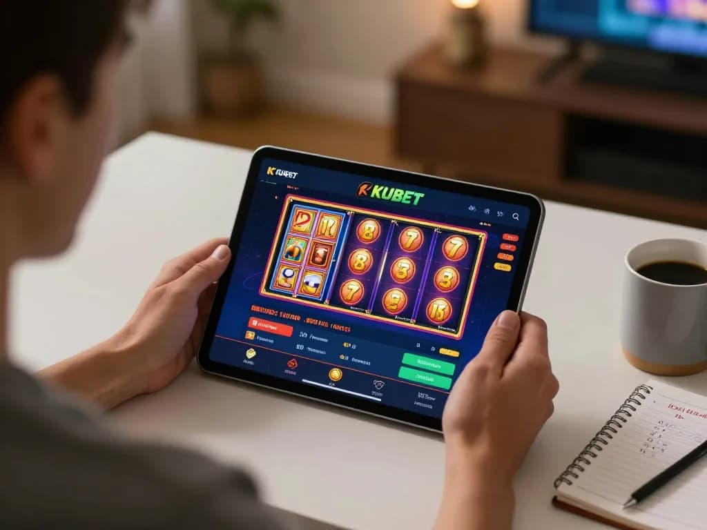 KUBET user enjoying an online slot game on a tablet at home, with engaging visuals and betting notes around.