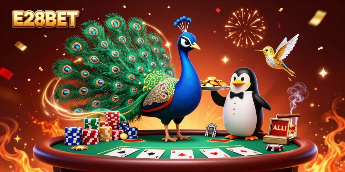 E28BET showcases vibrant 3D characters in a lively casino scene with poker elements and festive effects.