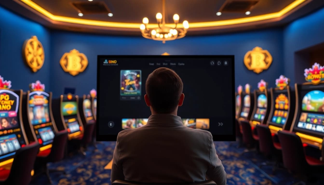 Begeisterter Spieler wählt ein Spiel im online casino ohne anmeldung mit strahlendem Interface und Spielgrafiken.