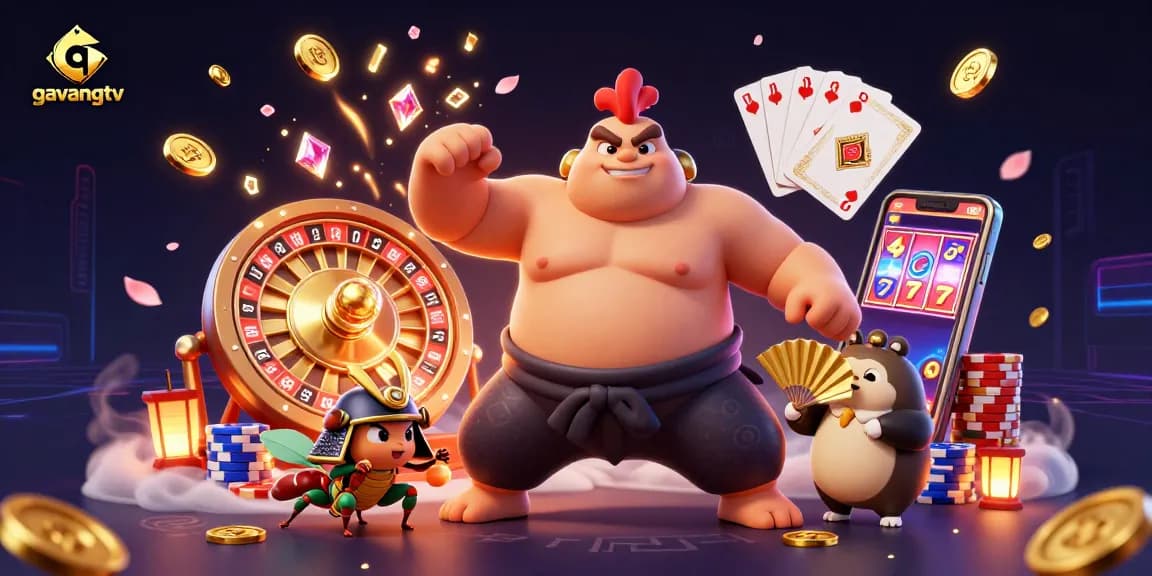 Engage with the excitement of gavangtv as a powerful sumo rooster and samurai cricket battle amidst golden coins and lively casino elements.