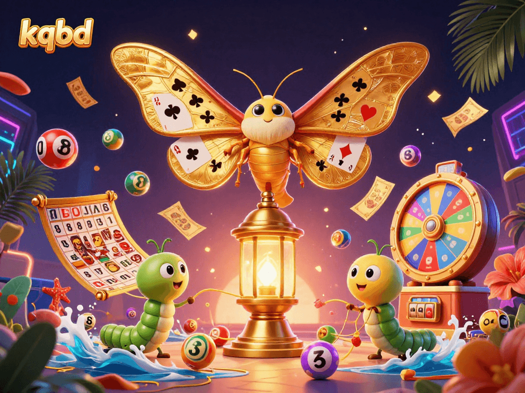 Engage in the excitement of kqbd with vibrant lottery elements and a majestic atlas moth illuminating casino scenes.