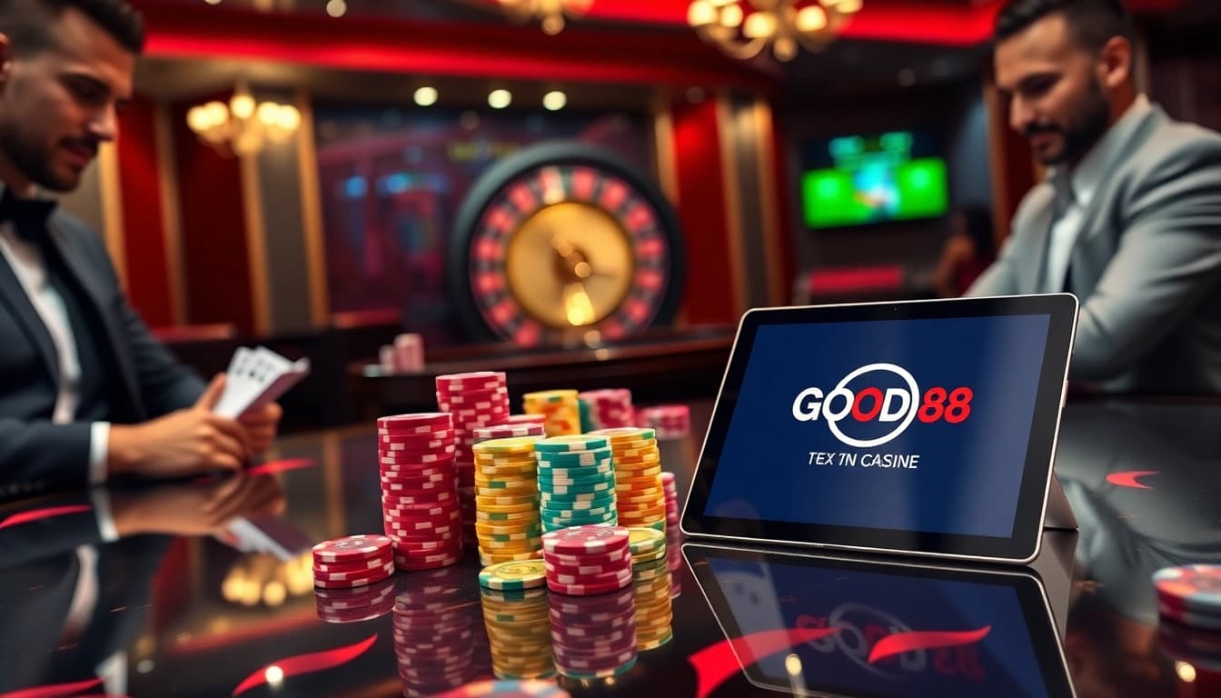 Players strategizing at a poker table, showcasing the excitement of GOOD88 gaming.