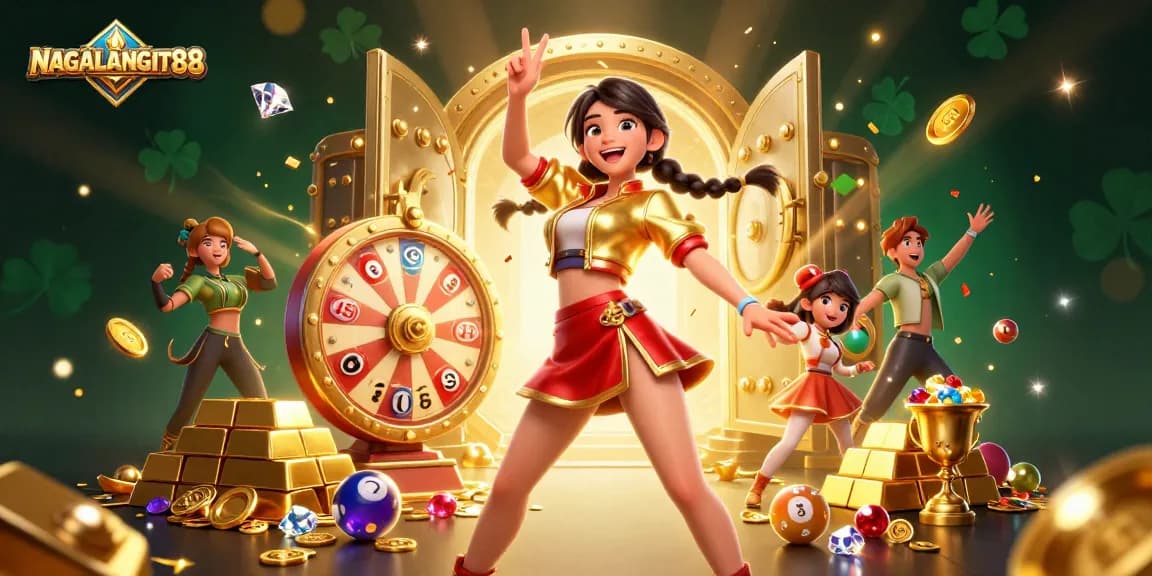 NAGALANGIT88 showcases vibrant gameplay with a joyful Asian woman celebrating winning at a casino.