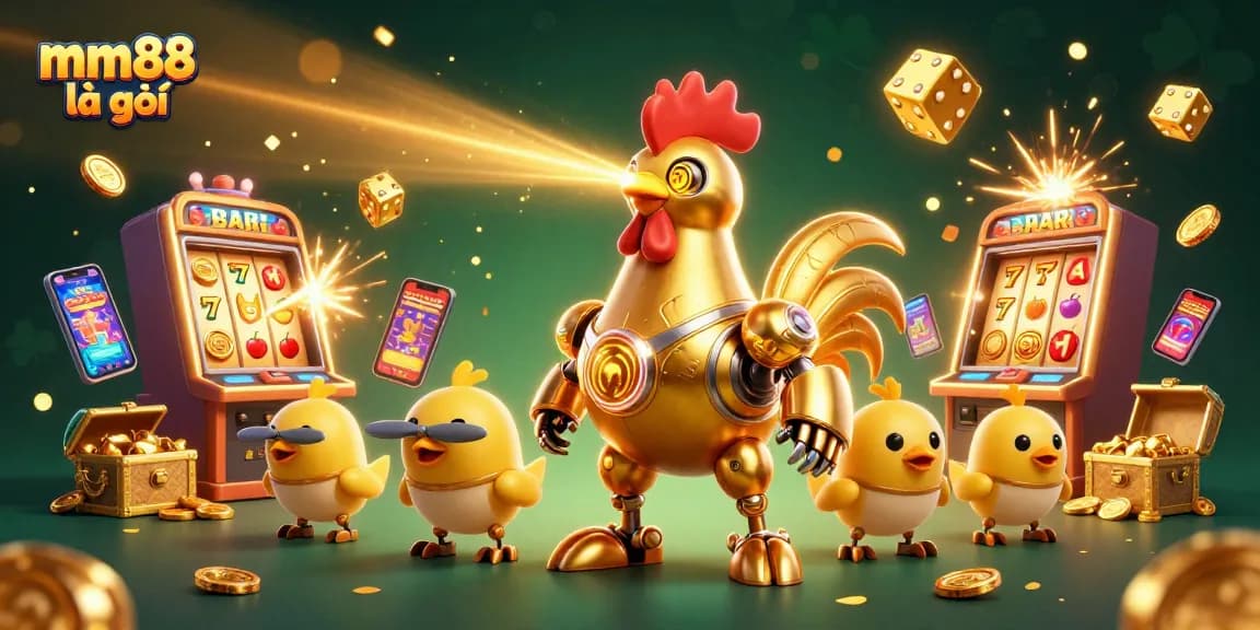 Engage with mm88 là gì in this vibrant gambling scene featuring a golden rooster robot and animated game elements.
