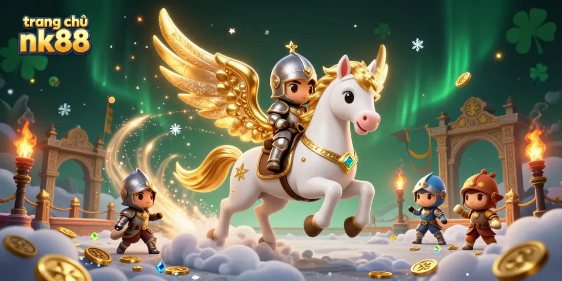 Play thrilling games on trang chủ nk88 with a knight and celestial horse in a vibrant casino scene.