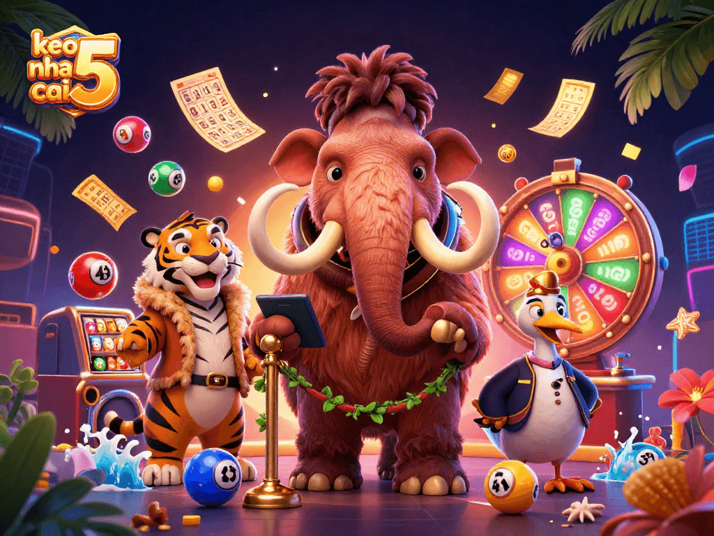Experience the vibrant gaming world of keo nha cai 5 with dynamic lottery elements and cartoon characters.