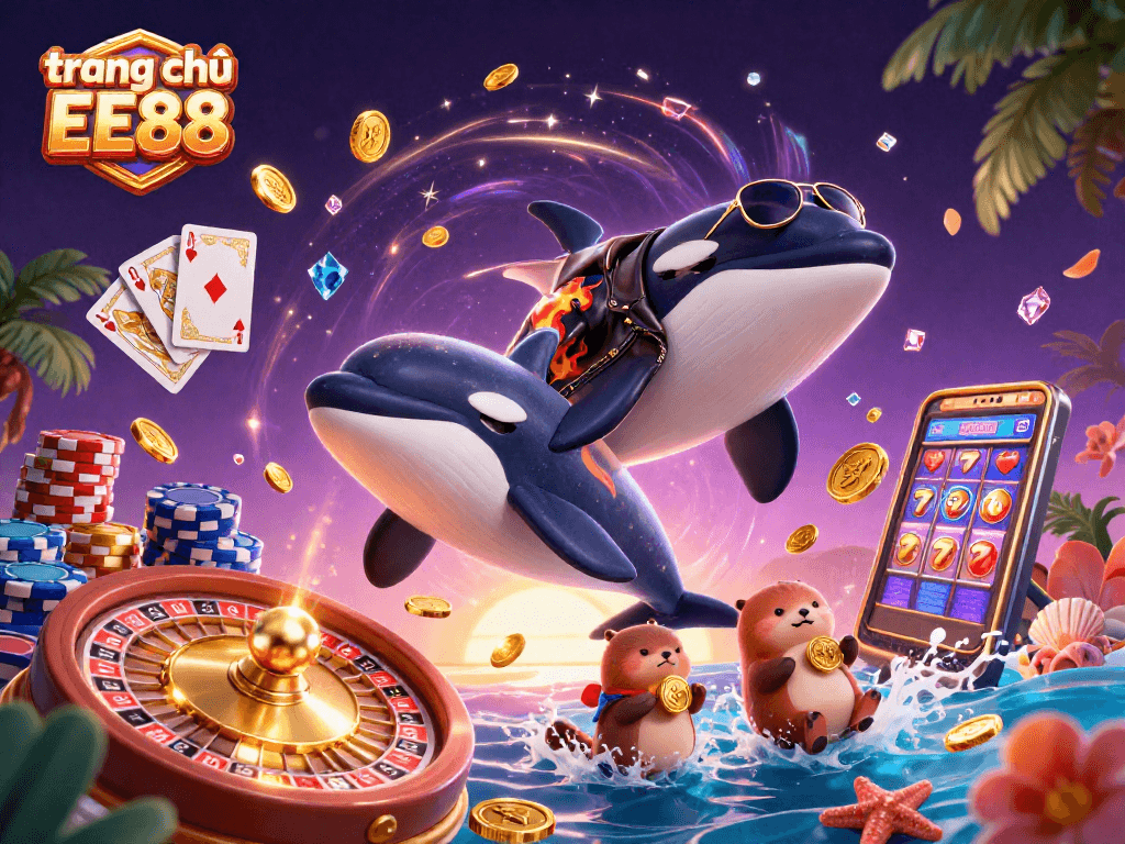 Experience the excitement of trang chủ EE88 with vibrant 3D characters enjoying overflowing casino treasures.