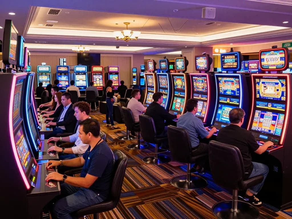 Players engaging with vibrant slot machines on a situs slot gacor casino floor, capturing the excitement of winning moments.