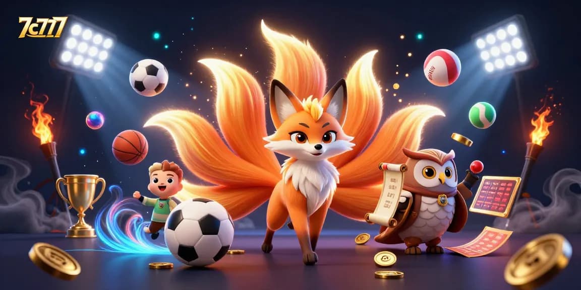 Engage with 7c777 in this vibrant scene featuring a mystical nine-tailed fox, owl sage, and dynamic sports elements.