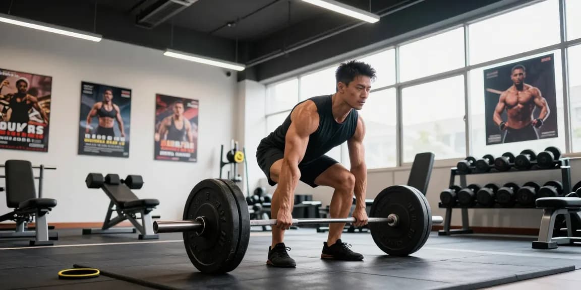 Anabolika Shop - Bodybuilder beim Kreuzheben in modernem Fitnessstudio, zeigt Stärke und Entschlossenheit