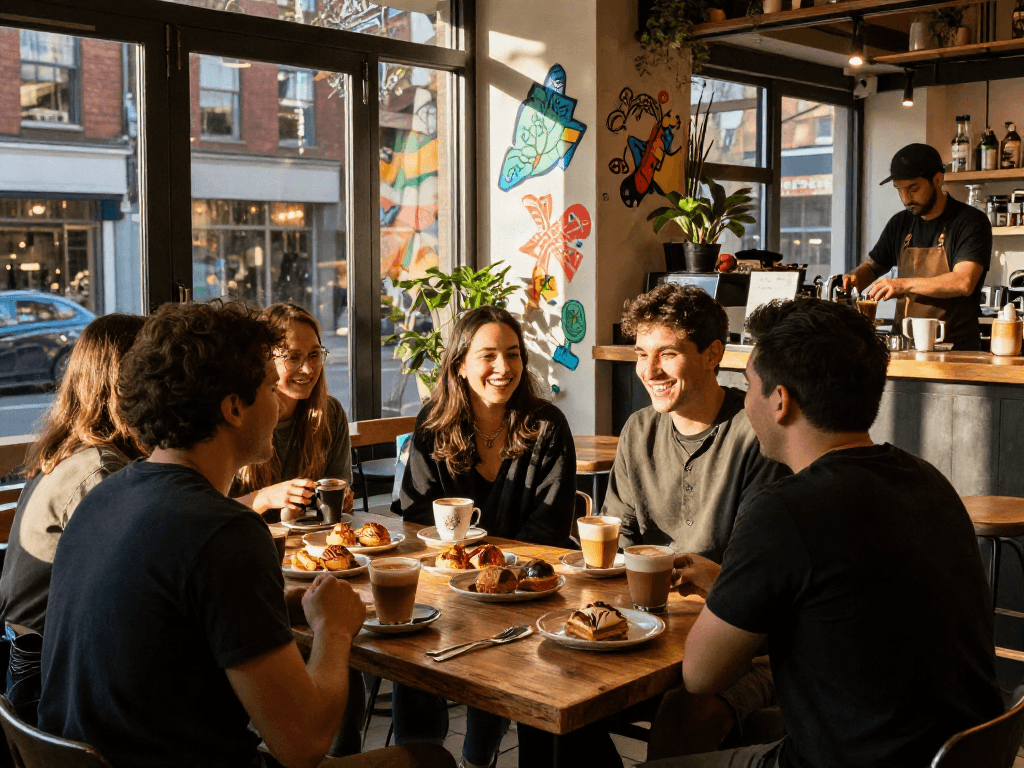 Friends enjoying coffee and pastries at rokok88 urban café, vibrant atmosphere with street art.