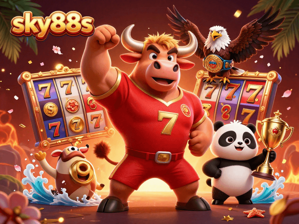 Experience thrilling action at sky88s with a vibrant casino scene featuring a victorious mascot and game elements.