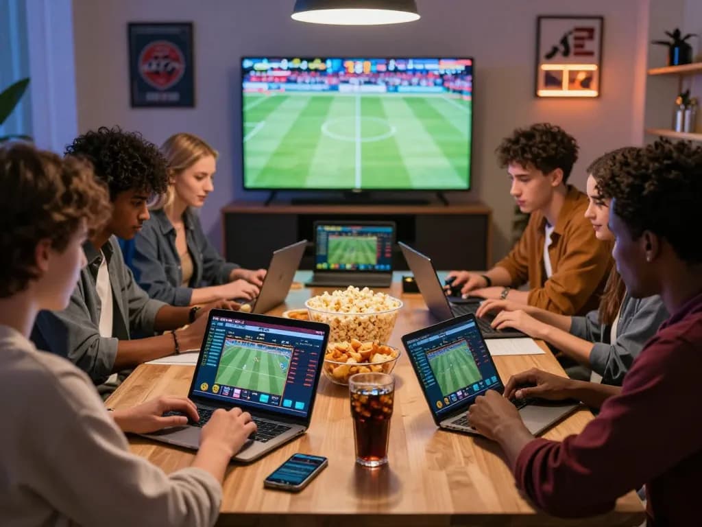 Friends engaging in online sports betting at https://may88.bio/ during a lively game night.