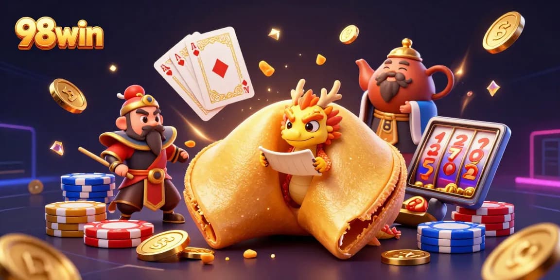 Experience thrilling gameplay at 98win with dynamic gold coins, vibrant poker chips, and a unique fortune cookie dragon!