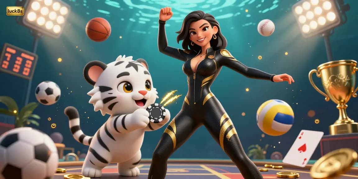 Experience thrilling gambling action with luck8s, featuring a semi-realistic woman in dynamic pose with a tiger and poker chip.