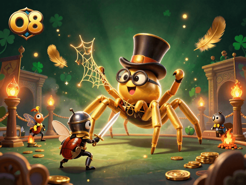 Experience the thrilling action at O8 with a golden tarantula weaving a casino web.