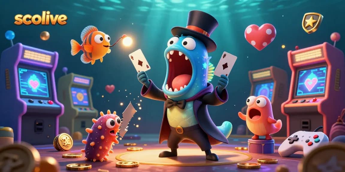 Socolive entertains viewers with engaging card tricks by a magical animated eel in a vibrant casino-themed scene.