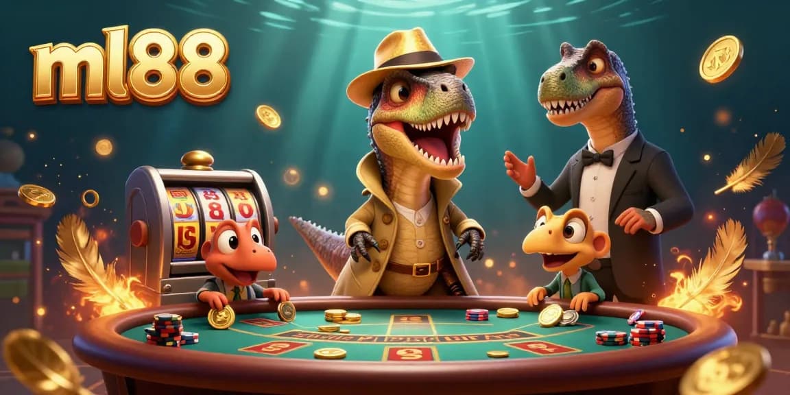 Experience thrilling gameplay at ml88 with a velociraptor card counter at a blackjack table surrounded by vivid casino elements.