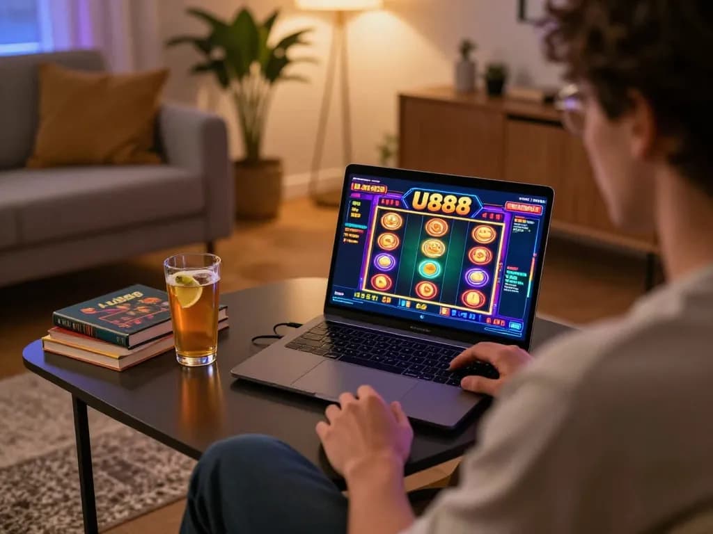 Player enjoying U888 slot game at home, showcasing engaging graphics and comfortable setup