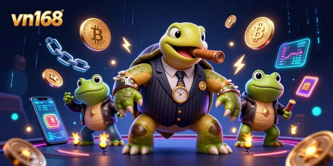 Engage in thrilling gaming at vn168 with an exciting casino-themed 3D illustration featuring a snapping turtle and enforcers.