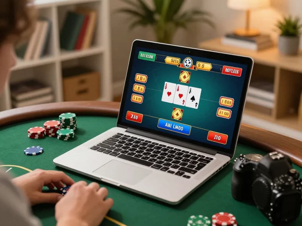 Play poker online at lc88, with engaging casino gameplay on a laptop in a cozy home setting.
