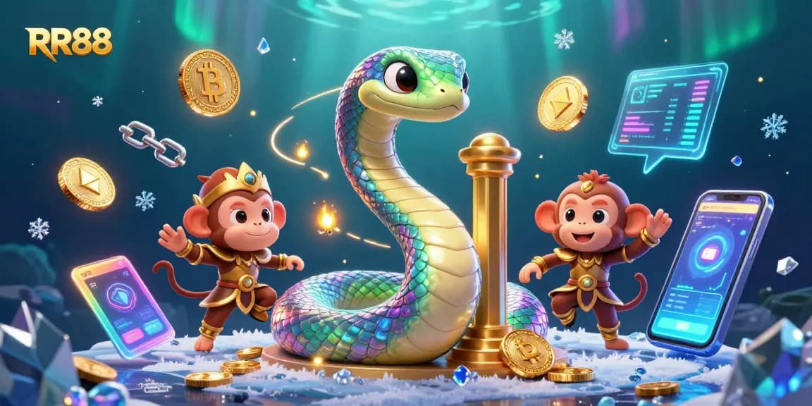 Win at RR88 with a vibrant 3D illustration featuring a rainbow serpent and crypto coins in a dynamic casino scene.