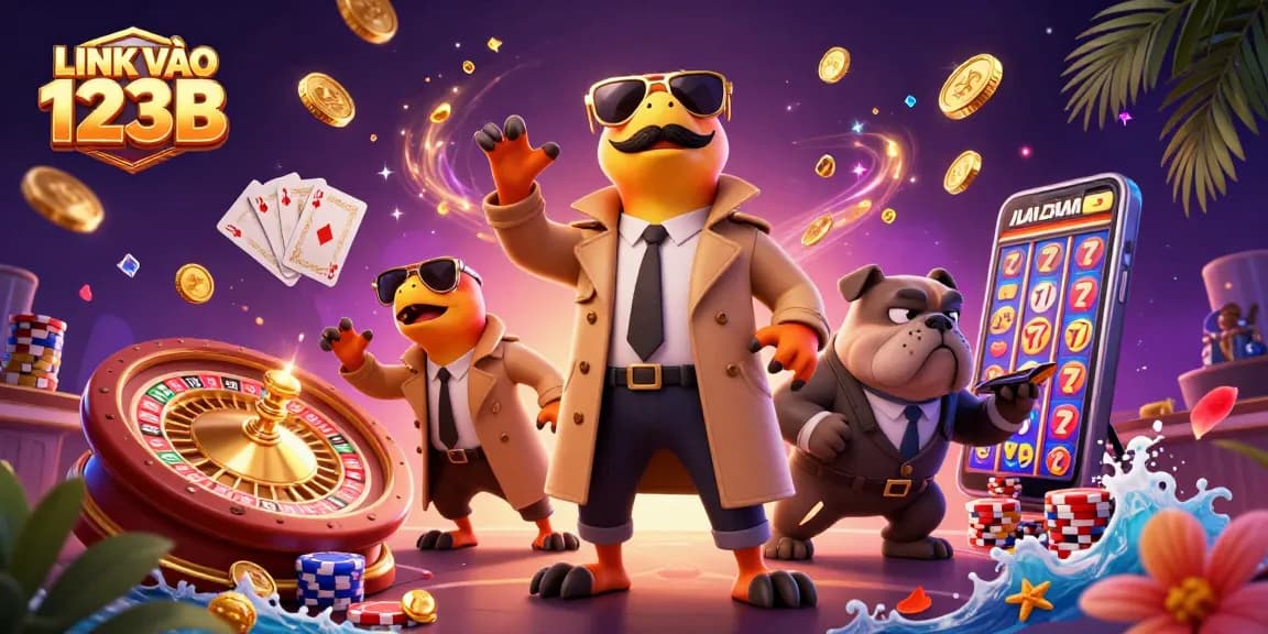 Experience the thrill of gambling with LINK VÀO 123B in a vibrant casino scene featuring animated raptors.