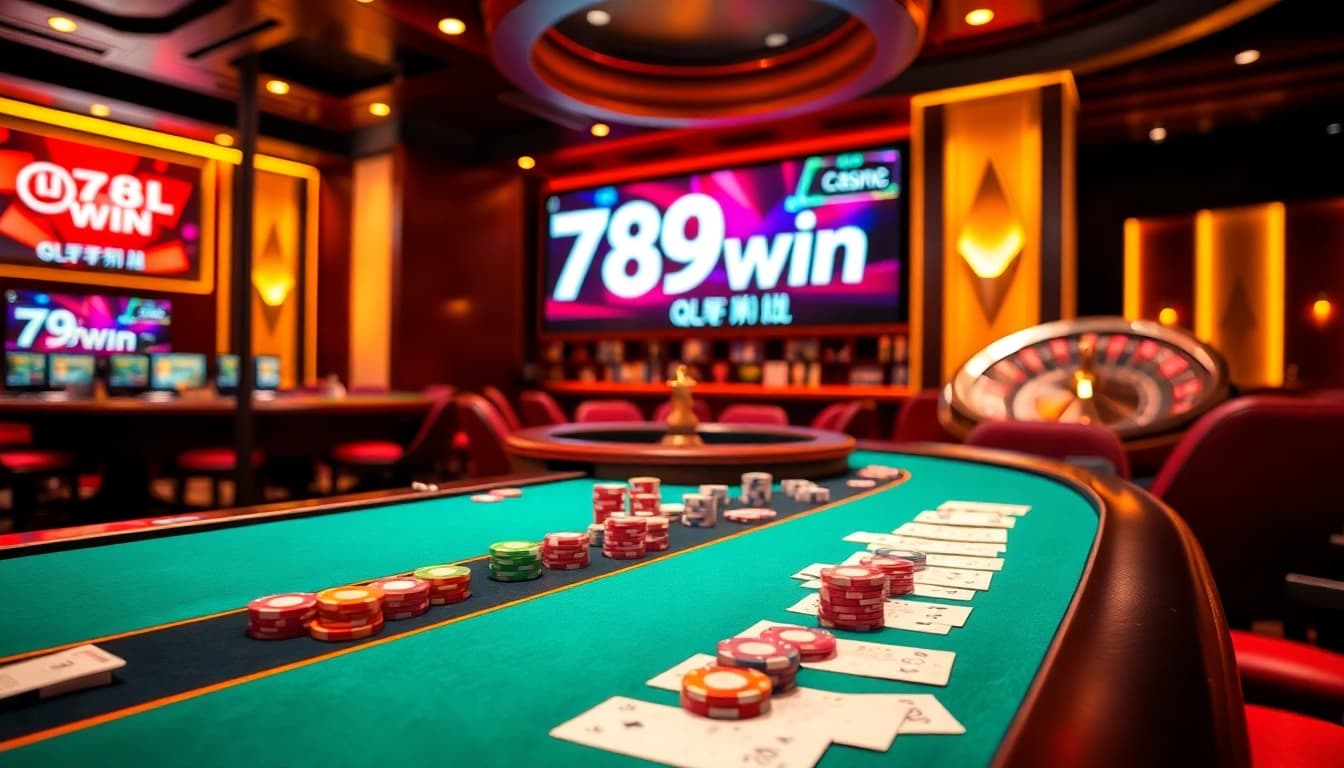 Gamble smartly at 789win with a vibrant poker table and roulette wheel.
