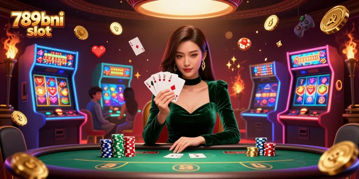 Mainkan slot 789bni dengan wanita Asia yang menakjubkan di meja poker mewah, dipenuhi dengan elemen permainan yang hidup.