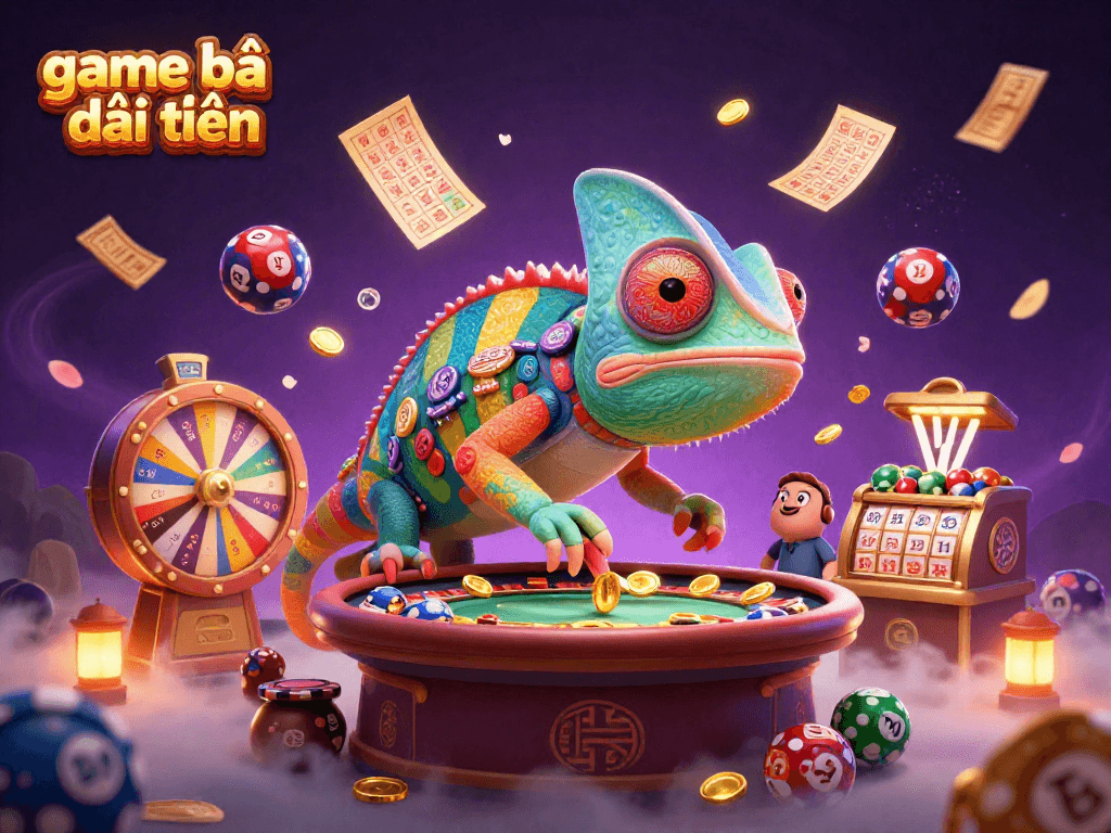 Play thrilling game bài đổi thưởng with colorful lottery elements and a vibrant casino atmosphere.