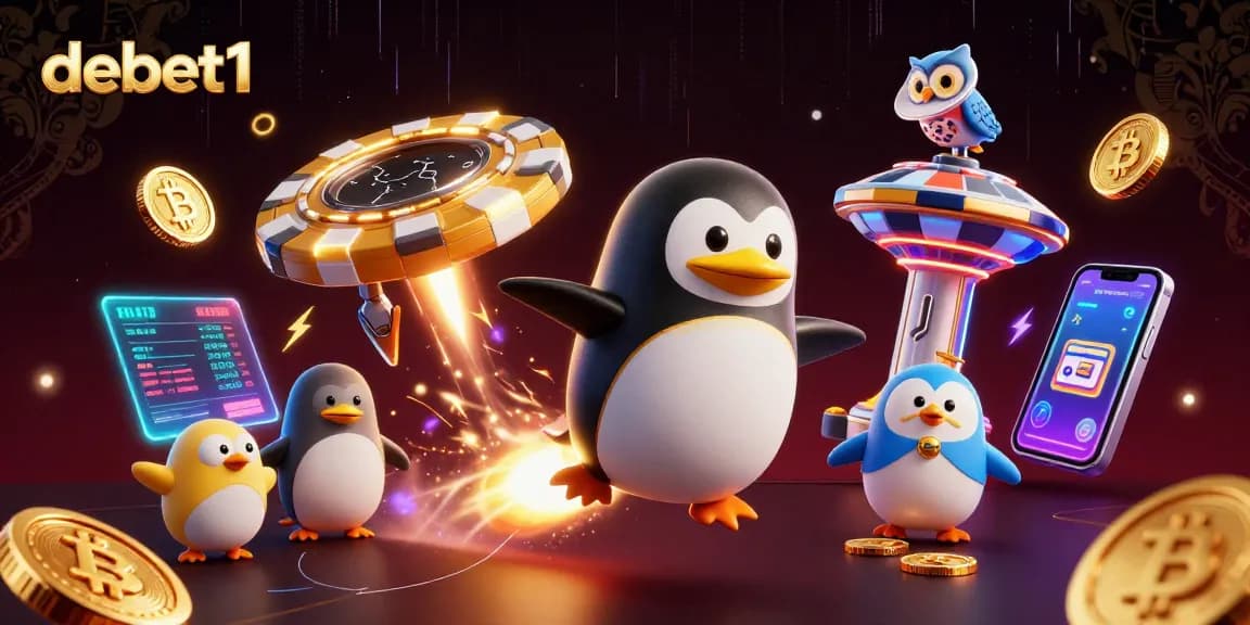 Bet on debet1 with thrilling visuals of a golden penguin soaring past vibrant crypto coins in a casino-themed universe.