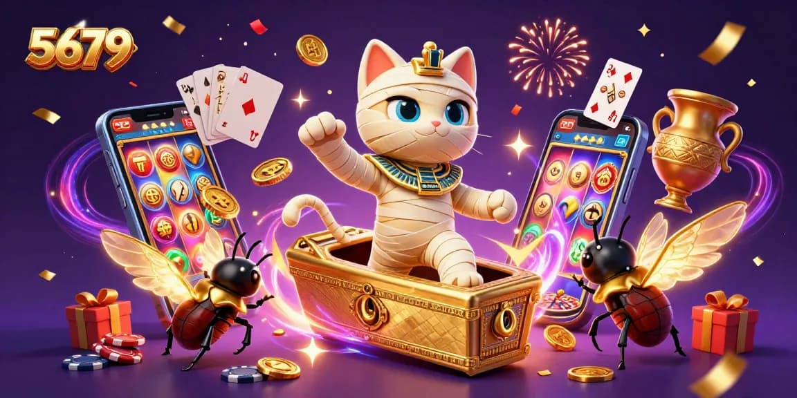 Join the excitement at 5679 with a playful Egyptian mummy cat, scarab companions, and thrilling casino fun!